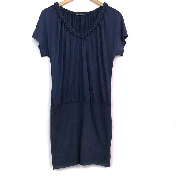 ELLA MOSS ANTHROPOLOGIE Odela Braid V-Neck Dress Navy Blue Blouson Mini Dress S - Picture 2 of 8